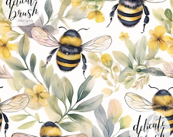 Aquarel geschilderd bijen gebladerte bloemen natuur lente zomer naadloze patroon / Stofontwerp / Oppervlaktepatroon / Digitaal patroon