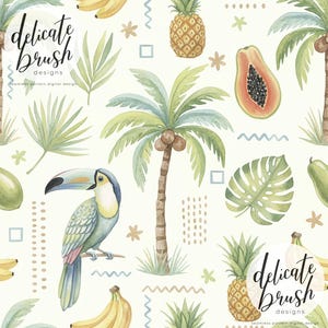 May include: Watercolor tropical pattern featuring a toucan, palm trees, pineapples, papaya, and bananas. The design includes the text "delicate brush designs" and a seamless pattern digital design.
