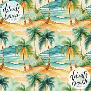 Puede incluir: Patrón sin costuras de acuarela que presenta una escena de playa tropical con palmeras, arena y olas del océano. El diseño incluye el texto "delicate brush designs" en un logotipo circular. La paleta de colores incluye tonos de verde, azul y beige.
