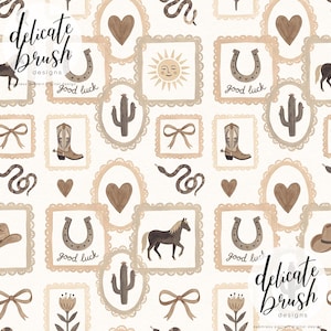 May include: A seamless pattern design featuring a repeating arrangement of cowboy-themed illustrations. The design includes horseshoes with "good luck" text, cowboy boots, cacti, hearts, bows, and snakes, all in a neutral color palette.