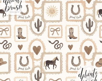 Molduras de selos vintage pintadas em aquarela, estilo Velho Oeste, cowboy, cowgirl, boho, fofo, padrão sem costura / padrão de superfície / padrão digital