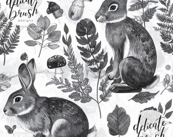 Aquarell gemalt Vintage Waldkaninchen Bunny Bleistift Laub Cottagecore Natur nahtlose Muster / Oberflächenmuster / digitales Muster