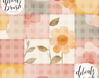Aquarell gemalt 70er Jahre Karo Quilted abstraktes geometrisches Frühlingsblumen Muster / Digitales Muster