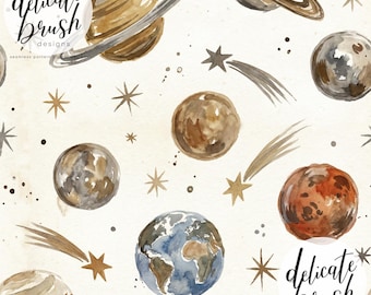 Aquarell gemalt Celestial Galaxy Space Planeten Sterne Boho männlich Muted Neutral nahtlose Muster / Stoffdesign / digitales Muster