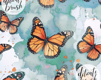 Borboletas Monarca pintadas em aquarela - Padrão sem costura de insetos da natureza / Design para tecido / Estampa para superfície / Padrão digital