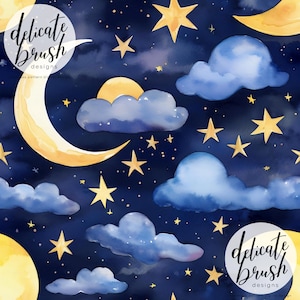 May include: Watercolor illustration of a night sky with a crescent moon, stars, and clouds. The design features a dark blue background with yellow stars, a yellow crescent moon, and light blue clouds. The text "delicate brush designs" is in a circle.