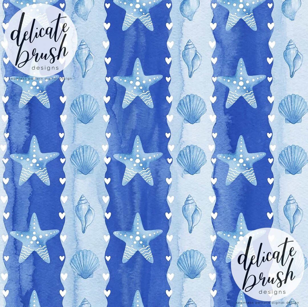 Watercolour Painted Sea Shells Stripes Starfish Ocean Blue Summer ...