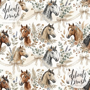 Watercolour Painted Western Country Cowboy Horse Floral Bow Coquette Foliage Flowers Seamless Pattern / Surface Pattern / Digital Pattern