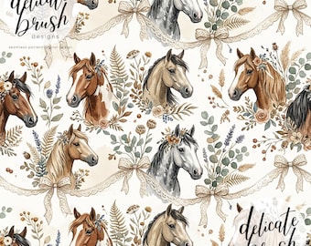Watercolour Painted Western Country Cowboy Horse Floral Bow Coquette Foliage Flowers Seamless Pattern / Surface Pattern / Digital Pattern
