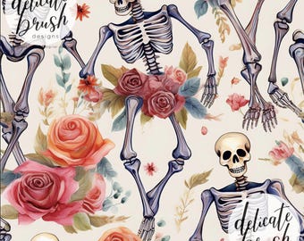 Halloween Aquarell Blumen Tanzen Skelett hübsche Blumen Boho Rosen Nahtloses Muster / Stoffdesign / Oberflächenmuster / Digitales Muster