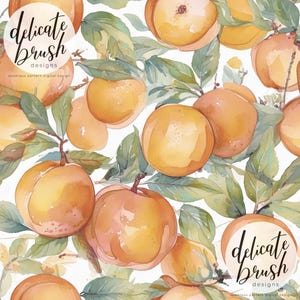 Op de afbeelding: Waterverfillustratie van rijpe perziken en groene bladeren op een witte achtergrond. Het ontwerp heeft een naadloos patroon met de tekst "delicate brush designs" in een cirkelvormig logo. De perziken zijn in tinten oranje en geel.