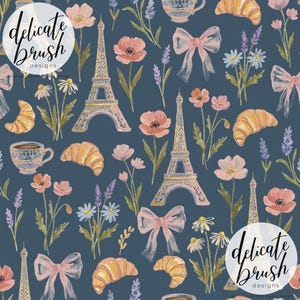 May include: A seamless pattern featuring the Eiffel Tower, croissants, flowers, bows, and teacups on a navy blue background. The design includes pink, yellow, and blue watercolor elements. The text "delicate brush designs" is in a white circle.