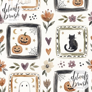 May include: A seamless digital pattern featuring watercolor illustrations of pumpkins, a black cat, a ghost, spiderwebs, stars, moons, hearts, and flowers. The text delicate brush designs appears twice in black script over the white background.