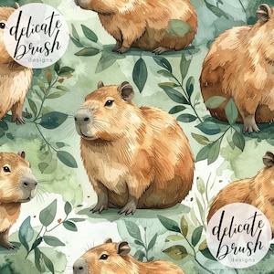 May include: A watercolour pattern showcasing several capybaras in brown and tan hues, set against green foliage. The design includes the text "delicate brush designs" within a circular logo.