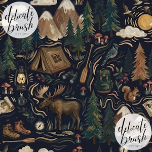 Watercolour Painted Outdoors Woodland Forest Camping Camp Hiking Mountains Hike Seamless Pattern / Surface Pattern / Digital Pattern