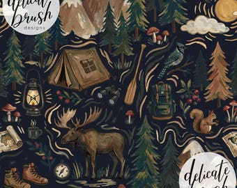 Watercolour Painted Outdoors Woodland Forest Camping Camp Hiking Mountains Hike Seamless Pattern / Surface Pattern / Digital Pattern