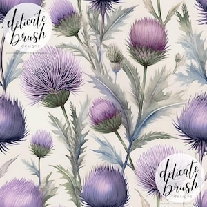 May include: Watercolor seamless pattern featuring purple thistle flowers and gray-green leaves against a cream background. The image includes the text "delicate brush designs" in a circular design. The floral design is suitable for various applications.