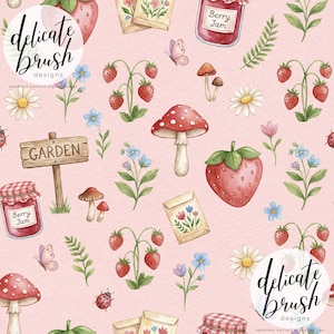 Könnte beinhalten: Ein nahtloses Muster mit Aquarellillustrationen von Erdbeeren, Pilzen, Blumen, Schmetterlingen und Marmeladengläsern auf rosa Hintergrund. Das Design enthält den Text "delicate brush designs" und "GARDEN".