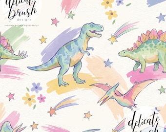 Padrão sem costura retrô vintage em aquarela com pinceladas de dinossauros, flores, tons pastel, espaço e arco-íris / Design para tecido / Padrão digital