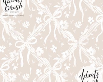 Watercolour Painted Ditsy Floral Trellis Regency Coquette Flowers Floral Baby Bow Beige Seamless Pattern / Surface Pattern / Digital Pattern