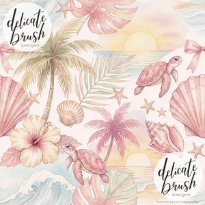 May include: Watercolor seamless pattern featuring a beach scene with palm trees, seashells, starfish, and sea turtles in shades of pink, peach, and green. The text "delicate brush designs" is included.