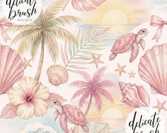 Estampa sem costura com animais marinhos tropicais pintados em aquarela, incluindo conchas, tartarugas e estrelas-do-mar em tons pastel de rosa, perfeita para o verão na praia / Design para tecido / Estampa digital