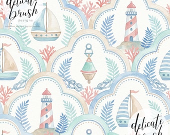 Watercolour Painted Spring Scalloped Scallop Coquette Sailor Beach Lighthouse Summer Ocean Seamless Pattern / Digital Pattern