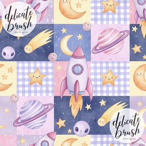 May include: A whimsical, seamless pattern featuring watercolor illustrations of rockets, planets, stars, moons, and comets. The design incorporates a palette of pink, blue, yellow, and purple, with a checkered background. The text "delicate brush designs" is also visible.