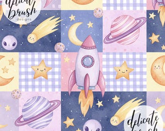 Aquarell gemalt himmlische Patchwork Weltall Planeten Sterne niedlich Pastell Kinder Mädchen nahtlose Muster / Stoffdesign / digitales Muster