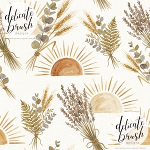 May include: A watercolour seamless pattern featuring bouquets of wheat, lavender, and eucalyptus, with a sun design. The text "delicate brush designs" is included. The colour palette includes shades of brown, beige, and green.