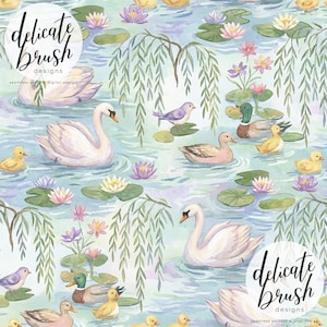 Könnte beinhalten: Nahtloses Aquarellmuster mit Schwänen, Enten, Entenküken, Vögeln und Seerosen in einem Teich. Das Design umfasst Trauerweidenzweige und den Text "delicate brush designs". Die Farbpalette ist weich mit Pastellblau, Grün und Lila.