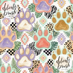 May include: A seamless pattern design featuring colorful paw prints in shades of purple, orange, and mint green, interspersed with tribal patterns, zebra stripes, and leopard print. The design includes the text "delicate brush designs".