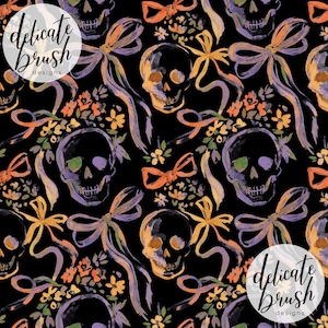 May include: A repeating pattern on a black background featuring watercolor skulls, bows, and floral accents. The skulls are in shades of black, purple, and gold. The bows and flowers are in orange, yellow, and purple. The text "delicate brush designs" is in a white circle.