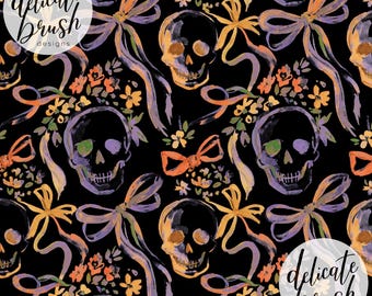 Padrão sem costura para superfície / padrão digital com caveiras de Halloween pintadas em aquarela, flores delicadas, laço, estilo Regência, menina fofa.