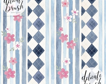 Aquarell gemalt Argyle Blumenfrühling Streifen Coquette Cottagecore Blumen Pastell Vintage Nahtloses Muster / Digitales Muster