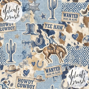 Può includere: Un design in stile collage con illustrazioni a tema cowboy. Presenta un cowboy a cavallo, stivali da cowboy, cappelli, cactus, ferri di cavallo, stelle, dadi e il testo "Wanted Dead or Alive" e "Howdy Cowboy". La tavolozza dei colori include sfumature di blu, marrone e beige.