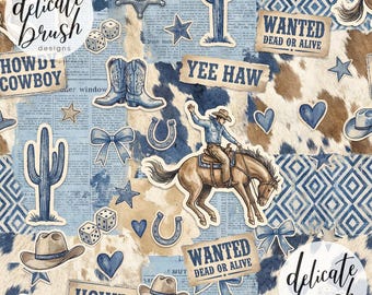 Watercolour Painted Western Collage Patchwork Coquette Country Cowboy Wild West America Seamless Pattern / Surface Pattern / Digital Pattern