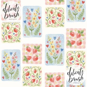 May include: A repeating watercolour pattern with strawberries, flowers, hearts, and ferns on a white backdrop. The design incorporates rectangular blocks with floral and fruit motifs, and the text "delicate brush designs".