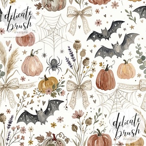 Könnte beinhalten: Aquarellmuster mit Kürbissen, Fledermäusen, Spinnennetzen und floralen Elementen in gedämpften Tönen. Das Design beinhaltet Schleifen, Blumen und den Text "delicate brush designs". Eine charmante, saisonale Illustration.