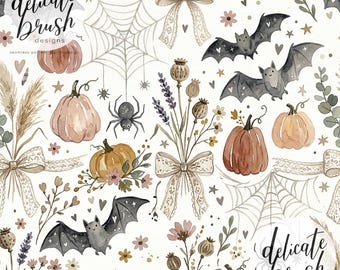 Watercolour Painted Halloween Pumpkin Fall Bat Floral Boho Flowers Foliage Coquette Bow Seamless Pattern / Surface Pattern / Digital Pattern