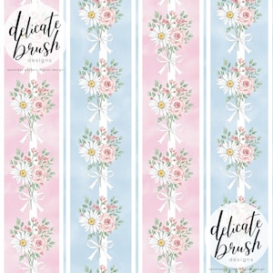 May include: A seamless digital pattern design featuring vertical stripes of pink and blue watercolor backgrounds. The design includes bouquets of daisies and pink roses tied with white ribbons. The text "delicate brush designs" is included.