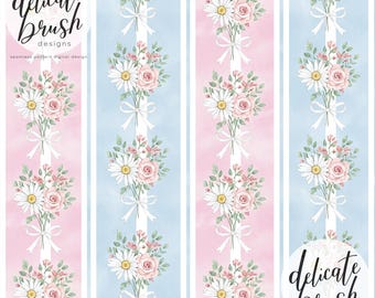 Aquarell Gemalt Florale Streifen Vintage Sommer Pastell Kitsch Kokette Band Bögen Nahtloses Muster / Stoffdesign / Digitales Muster