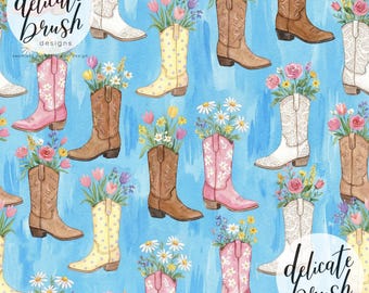 Botas de cowboy pintadas em aquarela, estilo country, cowgirl, Velho Oeste, estampa floral, sem costura / estampa para superfície / estampa digital