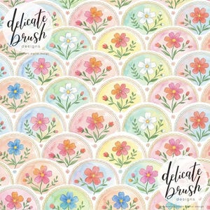 Puede incluir: Diseño digital de patrón sin costuras con flores de acuarela en una disposición repetitiva en forma de abanico. El diseño incluye flores en tonos rosa, naranja, azul y blanco, con hojas verdes y el texto "delicate brush designs".