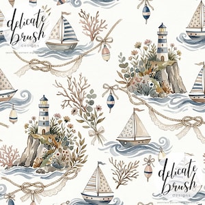 Watercolour Painted Nautical Sailing Boat Lighthouse Sea Life Bow Pretty Pastel Summer Seamless Pattern / Surface Pattern / Digital Pattern