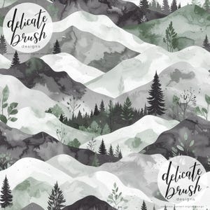 May include: Watercolor landscape design featuring rolling hills and evergreen trees in shades of gray and green. The image includes the text "delicate brush designs" in a circular logo, and is a seamless pattern digital design.