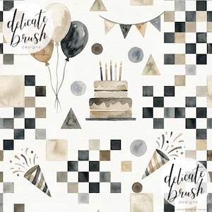 May include: Watercolor illustration featuring a birthday cake with lit candles, balloons, confetti, and geometric shapes in neutral tones. The design includes a banner and checkerboard patterns. The text "delicate brush designs" is visible.