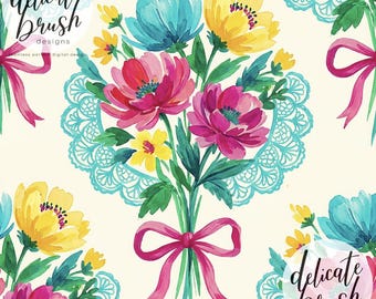 Aquarell gemalt Regenbogen Spitze Bold Bouquet Floral hell Bogen Blumen Kokette Nahtloses Muster / Oberflächenmuster / Digitales Muster