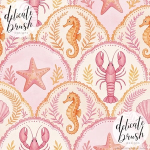 May include: A repeating pattern with watercolour illustrations of marine creatures. The design features seahorses, starfish, lobsters, and shells in pink, orange, and cream. The text "delicate brush designs" is visible.