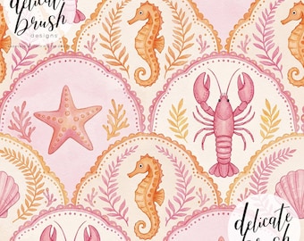 Watercolour Painted Scalloped Sea Life Lobster Seahorse Starfish Pink Summer Pastel Beach Seamless Pattern / Fabric Design / Digital Pattern